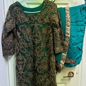 Embroidered Green and Gold Dress with Scarf